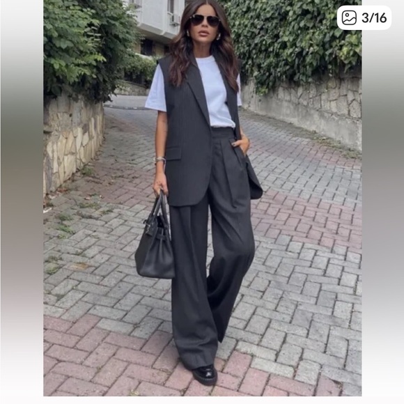 Zara Gray Darted pleat Wide leg Pinstripe mid waist Pants Frayed waist NWT - Picture 1 of 12